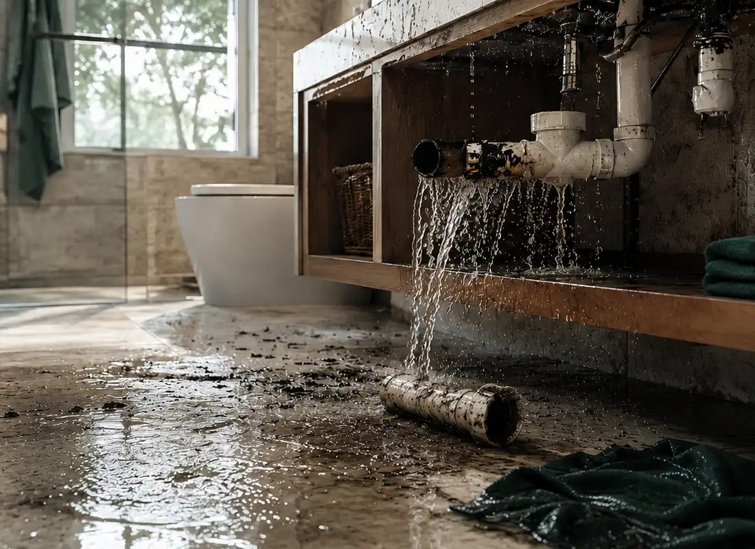 Caño roto bajo un lavamanos con agua inundando el baño