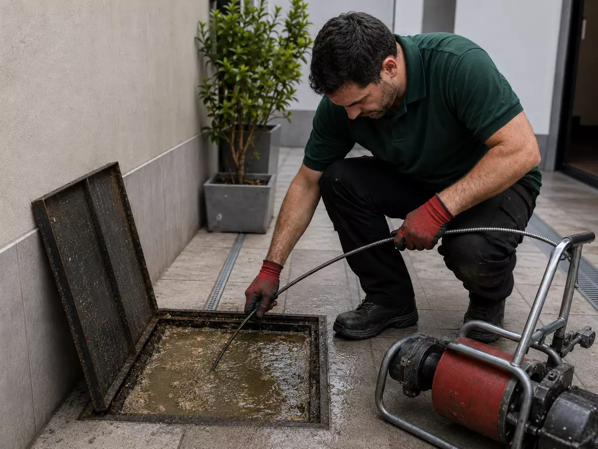 Técnico trabajando con una máquina desobstructora en una grasera rebosada