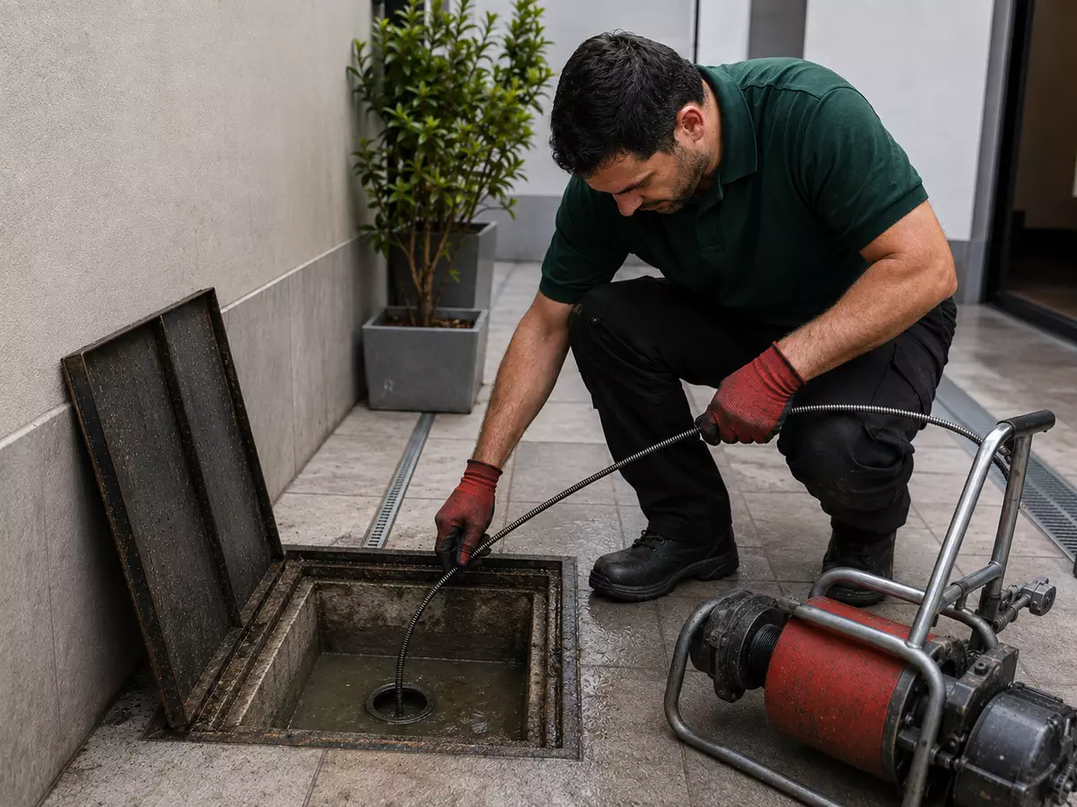 Técnico trabajando junto a una grasera vacía con el desagüe visible