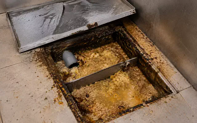 Cámara de inspección abierta y llena de grasa y residuos