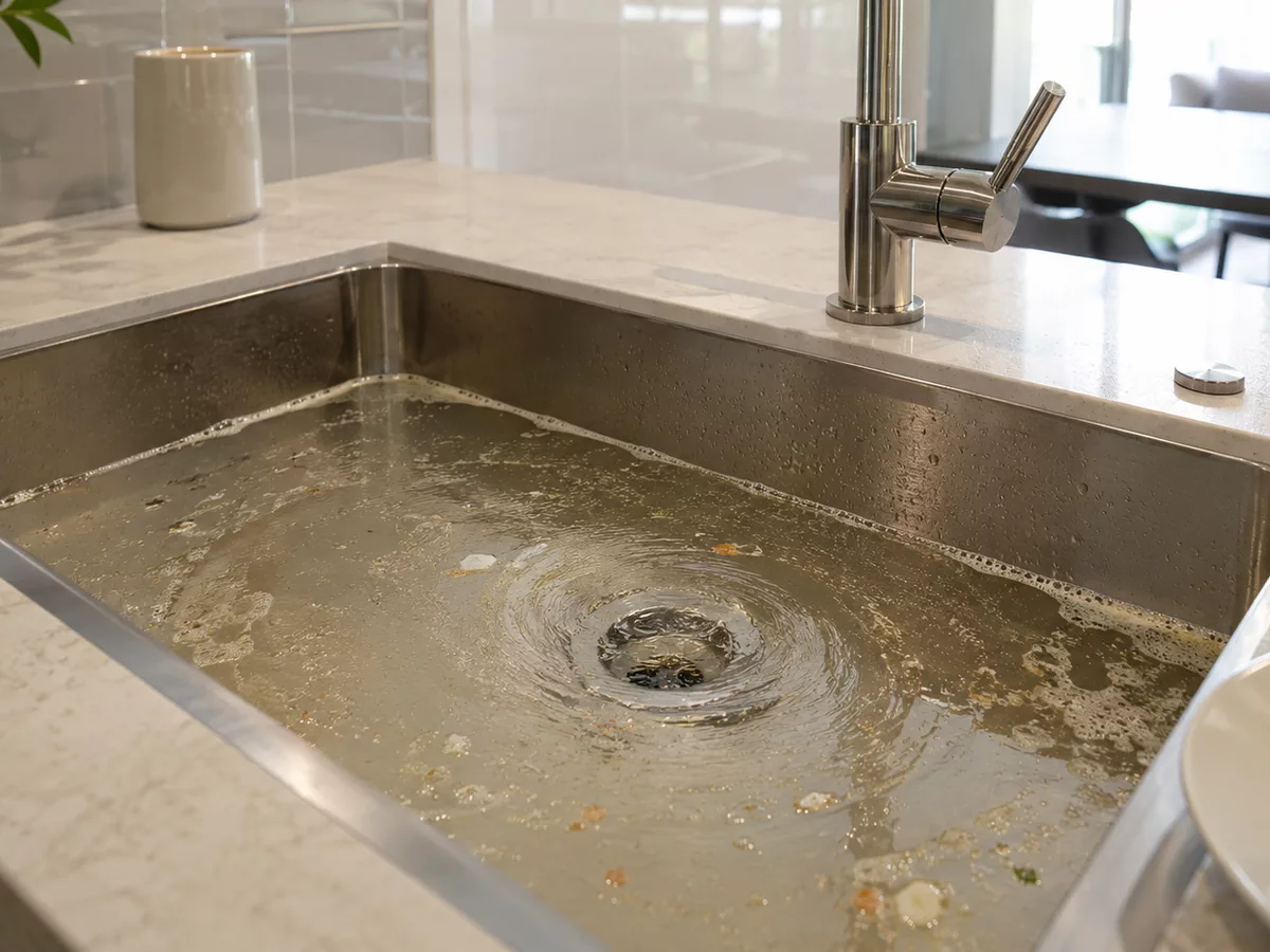 Pileta de cocina con agua estancada y restos alrededor del desagüe