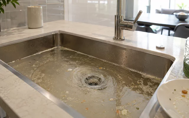 Pileta de cocina llena de agua con restos de comida alrededor del desagüe