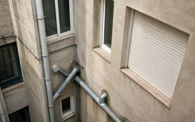 Red de columnas y cañerías sanitarias instalada en el patio interior de un edificio