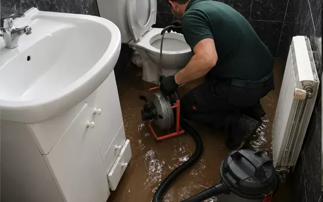 Técnico trabajando con una máquina desobstructora junto a un inodoro en un baño con agua en el piso